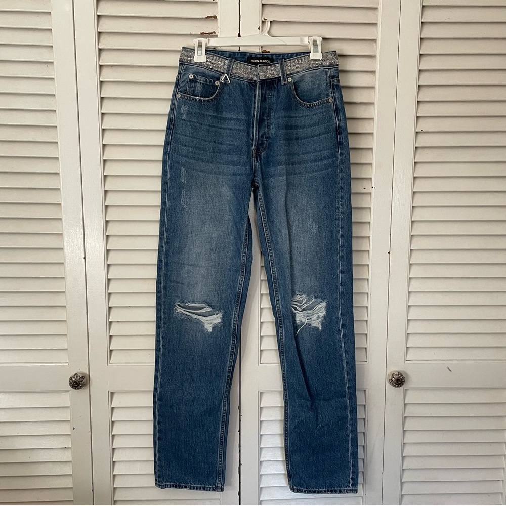 Neon Blonde Glitter Belt Straight Leg Jeans